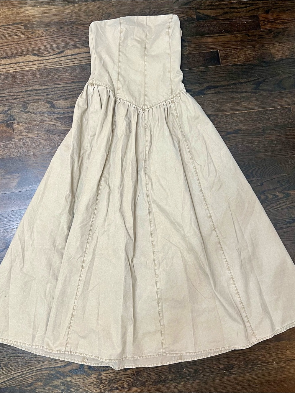 Zara Strapless Beige Midi Dress Corset Fit Flare Cotton Blend XS